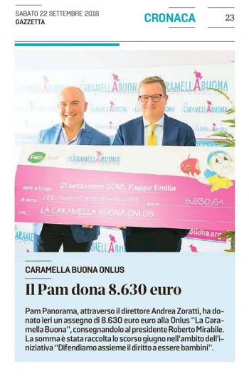 Caramella Buona Onlus. Il Pam dona 8.630 euro (Gazzetta di Reggio, sabato 22 settembre 2018)